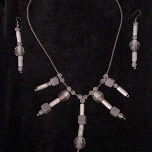 Silver and mauve beaded necklace and earrings